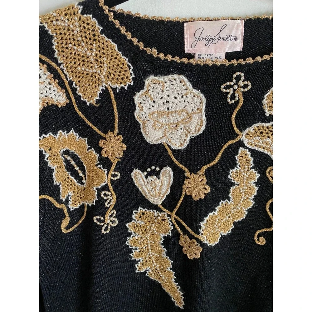 Jaclyn Smith Vintage Black Gold Crochet Floral Pearl Beaded Knit Sweater M 9472 - Picture 2 of 6